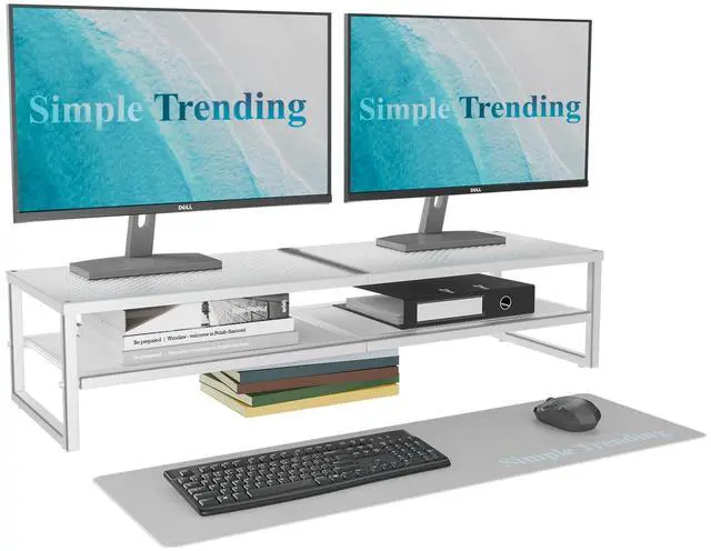 Main image of Simple Trending 2 Tier Metal Dual Monitor Stand Riser, Computer Office Desktop Organizer for 2 Monitors with 32"x10" Mouse Pad for Laptop, Printer, TV, White