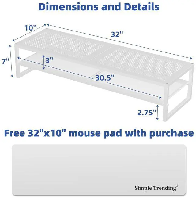 Alt view image 3 of 5 - Simple Trending 2 Tier Metal Dual Monitor Stand Riser, Computer Office Desktop Organizer for 2 Monitors with 32"x10" Mouse Pad for Laptop, Printer, TV, White