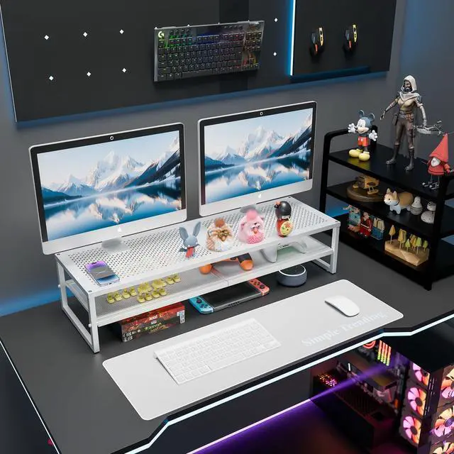 Alt view image 2 of 5 - Simple Trending 2 Tier Metal Dual Monitor Stand Riser, Computer Office Desktop Organizer for 2 Monitors with 32"x10" Mouse Pad for Laptop, Printer, TV, White