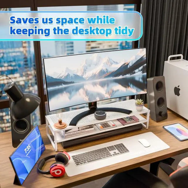 Alt view image 4 of 5 - Simple Trending 2 Tier Metal Dual Monitor Stand Riser, Computer Office Desktop Organizer for 2 Monitors with 32"x10" Mouse Pad for Laptop, Printer, TV, White