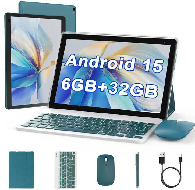 Main image of Android 15 Tablet 10 inch, 2 in 1 Tablet with Keyboard, 6GB RAM+32GB ROM Support 1TB Expandable Tablets PC, Quad-Core CPU, HD Screen, BT, WiFi, Long Battery Life Tablets with Case Mouse Stylus, Navy
