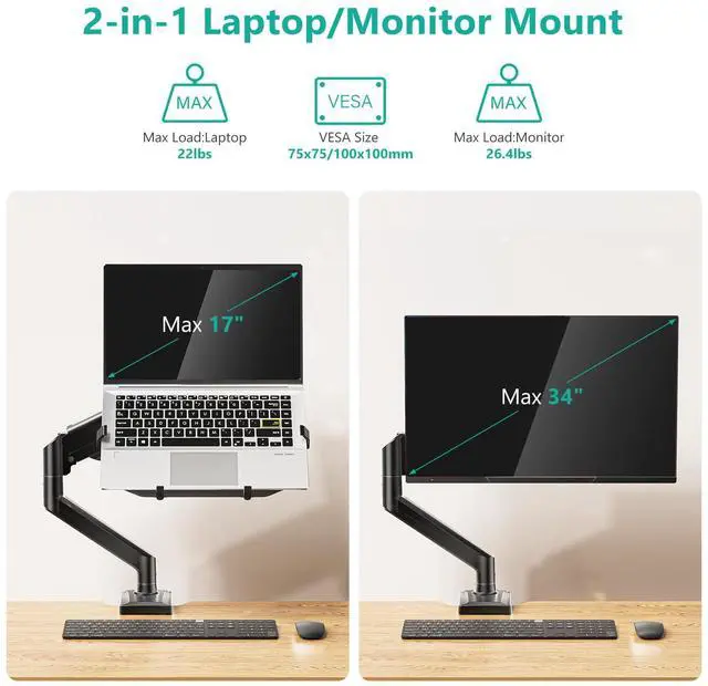 Alt view image 2 of 5 - WALI Laptop Desk Mount, 2-in-1 Monitor Mount with Adjustable Laptop Tray, Fits Max 17" Notebook and 34" Computer Screen, Max Holds 22-26.4 lbs, Single Monitor Laptop Stand for Desk (GSMP001NLP), Black