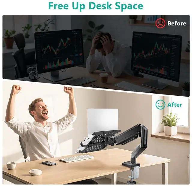 Alt view image 3 of 5 - WALI Laptop Desk Mount, 2-in-1 Monitor Mount with Adjustable Laptop Tray, Fits Max 17" Notebook and 34" Computer Screen, Max Holds 22-26.4 lbs, Single Monitor Laptop Stand for Desk (GSMP001NLP), Black