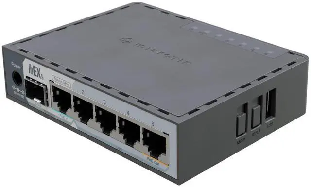 Main image of MikroTik hEX S (2025) E60iUGS A compact, affordable wired router featuring a 2.5G SFP port, 5x Gigabit Ethernet, PoE out, USB, and a fast dual-core CPU