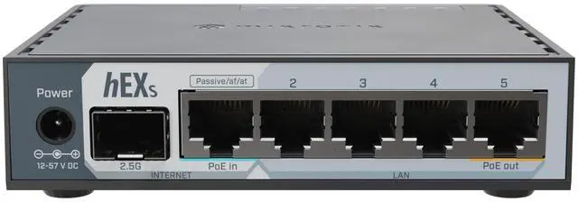 Alt view image 2 of 3 - MikroTik hEX S (2025) E60iUGS A compact, affordable wired router featuring a 2.5G SFP port, 5x Gigabit Ethernet, PoE out, USB, and a fast dual-core CPU