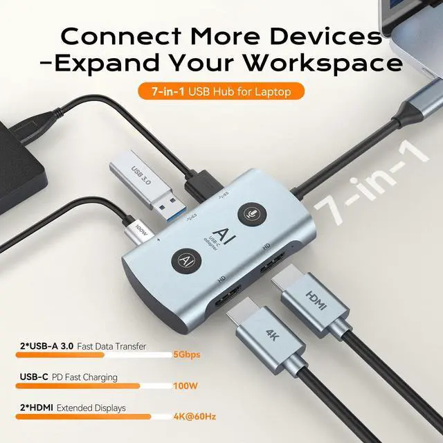 Alt view image 5 of 5 - AI Language Translator & Voice Transcription Dock, TOPOINT 7-in-1 USB C Hub Laptop Docking Station with Dual 4K Monitor, 100W PD Charging for MacBook Dell HP, Home Office Remote Work Business Travel