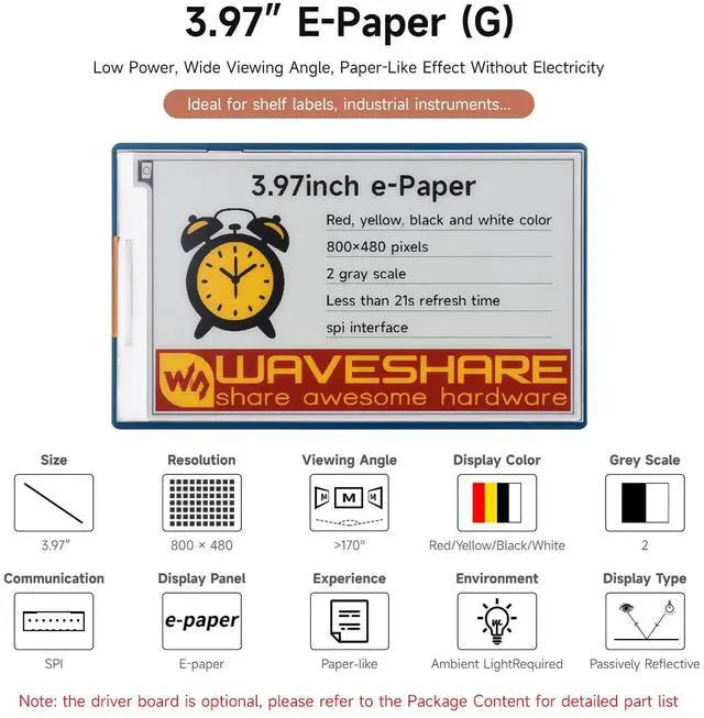 Alt view image 3 of 5 - Waveshare 3.97inch E-Paper Display, E-Ink Display, 800 × 480 Pixels, Red/Yellow/Black/White, SPI Interface, Standard Raspberry Pi 40PIN GPIO Header, Raw Display, Without Driver Board