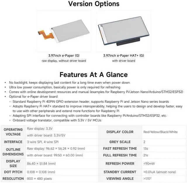 Alt view image 4 of 5 - Waveshare 3.97inch E-Paper Display, E-Ink Display, 800 × 480 Pixels, Red/Yellow/Black/White, SPI Interface, Standard Raspberry Pi 40PIN GPIO Header, Raw Display, Without Driver Board
