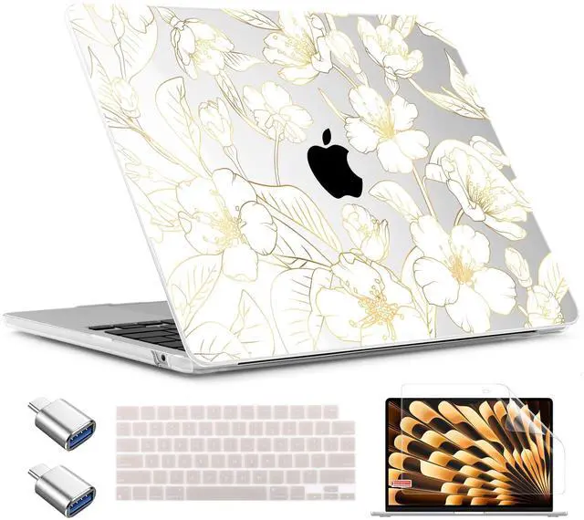 Main image of TWOLSKOO for MacBook Air 15 inch Case 2025 2024 2023 Release M4 A3241 M3 A3114 M2 A2941, Plastic Hard Shell & Screen Protector & Keyboard Cover & Type C Adapter, Gold Cherry Blossom