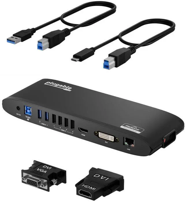 Main image of Plugable USB 3.0 Universal Docking Station for Windows, macOS, ChromeOS (Dual HDMI Monitors or DVI/VGA, Gigabit Ethernet, Audio, 6 USB Ports)