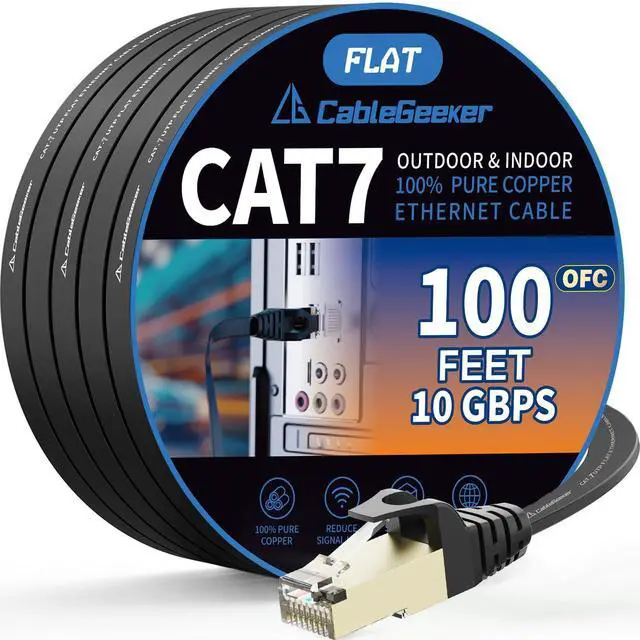 Main image of Cat 7 Shielded Ethernet Patch Cable 100 ft Black (Highest Speed Cable) Cat7 Flat Internet Network Cables with Snagless RJ45 Connector for Modem, Router, LAN, Computer + Free Clips and Straps