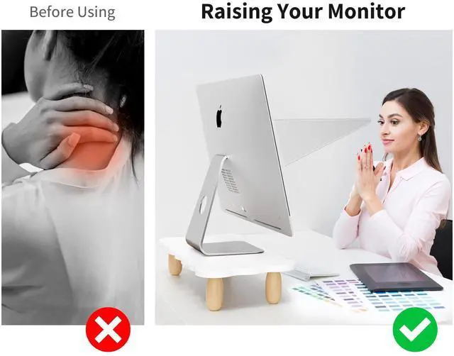 Alt view image 3 of 5 - AFOOYO Monitor Stand Riser, Cookie-Shaped Sturdy Wood Computer Monitor Stand for Desk, Ergonomic Desk Stand, Multi-Purpose Desktop Organizer Riser for Computer, Laptop, Printer, TV,White