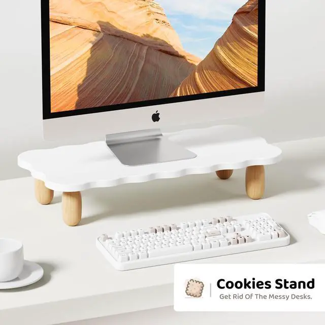 Alt view image 4 of 5 - AFOOYO Monitor Stand Riser, Cookie-Shaped Sturdy Wood Computer Monitor Stand for Desk, Ergonomic Desk Stand, Multi-Purpose Desktop Organizer Riser for Computer, Laptop, Printer, TV,White