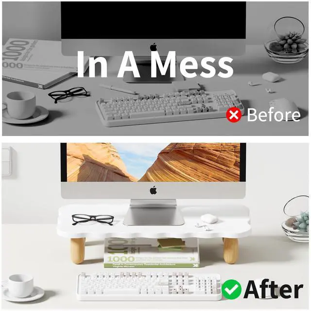 Alt view image 2 of 5 - AFOOYO Monitor Stand Riser, Cookie-Shaped Sturdy Wood Computer Monitor Stand for Desk, Ergonomic Desk Stand, Multi-Purpose Desktop Organizer Riser for Computer, Laptop, Printer, TV,White