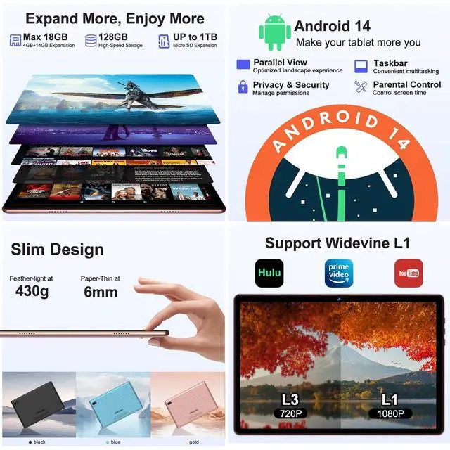 Alt view image 3 of 5 - DMOAO Tablet, 10.1 Inch Tablets, Android 14 Tablet with 18GB RAM+128GB ROM/ 1TB Expand, Octa-Core 1.8GHz CPU, 6000mAh Battery, 5G WiFi, WiFi 6, BT5.0, Widevine L1 HD IPS Tableta PC-Rose Gold