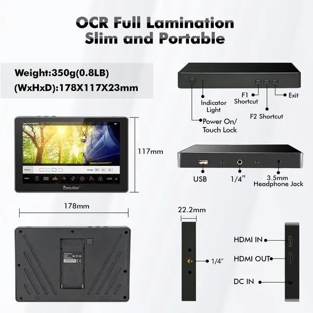 Alt view image 2 of 5 - Desview R705 Camera Field Monitor, 7 inch Touch Screen Field Full HD 1920x1200IPS 4K HDMI with 3D LUT Waveform Peaking Focus Assist Video for DSLR