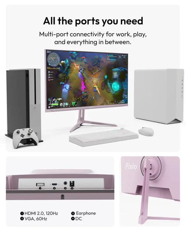 Alt view image 5 of 5 - Pixio PX246 Wave Pink 24 inch 120Hz Refresh Rate FHD 1080p Resolution IPS Panel 4ms GTG Response Time Gaming Monitor with Adaptive Sync