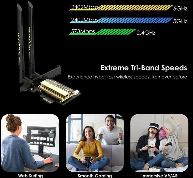Alt view image 3 of 5 - WAVLINK AXE5400 PCIe WiFi 6E WiFi Card, 2025 Tri-Band Wireless Network Card with Bluetooth 5.3, AX210 Chip, MU-MIMO, WPA3, OFDMA, Low-Profile Bracket, Heat Sink