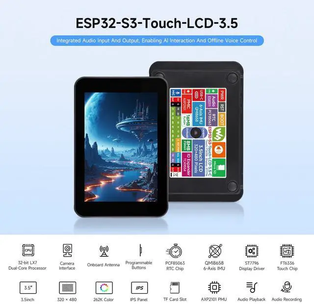 Alt view image 3 of 5 - Waveshare ESP32-S3 3.5inch Capacitive Touch Display, 320x480 IPS, 262K Colors, Camera Interface, Supports Wi-Fi & Bluetooth 5, ESP32 Development Board with Display