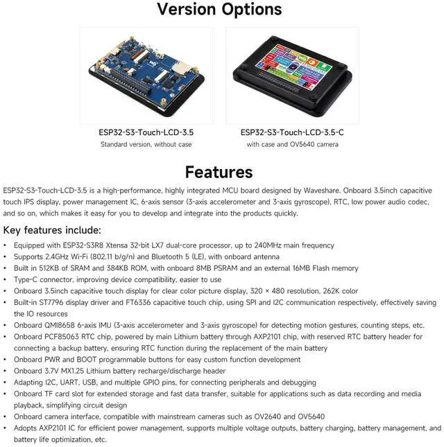 Alt view image 4 of 5 - Waveshare ESP32-S3 3.5inch Capacitive Touch Display, 320x480 IPS, 262K Colors, Camera Interface, Supports Wi-Fi & Bluetooth 5, ESP32 Development Board with Display