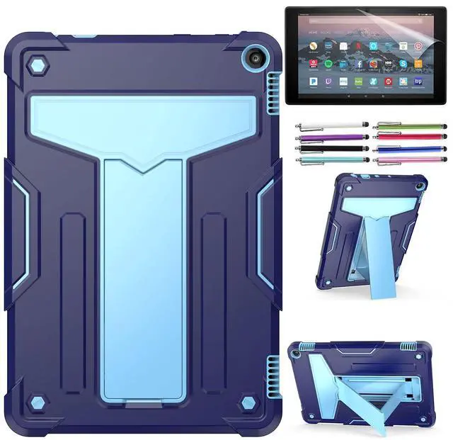 Main image of Epicgadget Case for Amazon Fire HD 10 and Fire HD 10 Plus (11th Generation, 2021 Released) - Heavy Duty Shockproof Hybrid Case with Kickstand + 1 Screen Protector Film and 1 Stylus (Navy Blue/Blue)