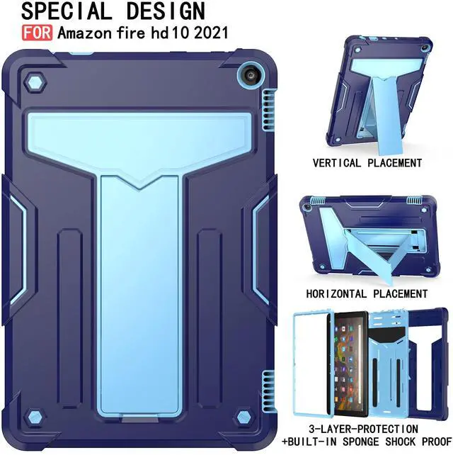 Alt view image 4 of 5 - Epicgadget Case for Amazon Fire HD 10 and Fire HD 10 Plus (11th Generation, 2021 Released) - Heavy Duty Shockproof Hybrid Case with Kickstand + 1 Screen Protector Film and 1 Stylus (Navy Blue/Blue)