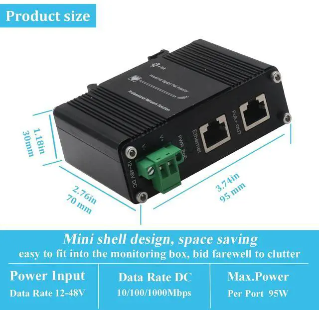 Alt view image 3 of 5 - Industrial Gigabit PoE+ Injector -IEEE 802.3at/af Compliant, 10/100/1000Mbps RJ-45,Outdoor Rated 30W PoE+ Power Hardened POE Adapter with 12-48V DC Input DIN- Rail, Wall Mount