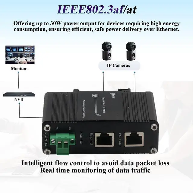 Alt view image 4 of 5 - Industrial Gigabit PoE+ Injector -IEEE 802.3at/af Compliant, 10/100/1000Mbps RJ-45,Outdoor Rated 30W PoE+ Power Hardened POE Adapter with 12-48V DC Input DIN- Rail, Wall Mount