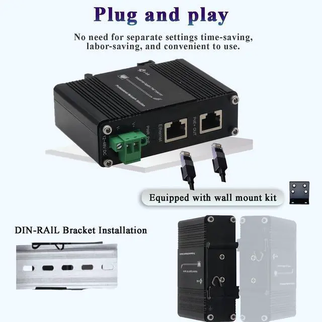 Alt view image 5 of 5 - Industrial Gigabit PoE+ Injector -IEEE 802.3at/af Compliant, 10/100/1000Mbps RJ-45,Outdoor Rated 30W PoE+ Power Hardened POE Adapter with 12-48V DC Input DIN- Rail, Wall Mount
