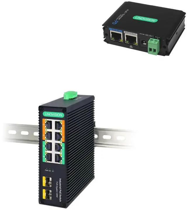 Main image of LINOVISION Industrial Gigabit POE+ Splitter and Industrial 8-Port Full Gigabit BT 90W POE Switch, Support DC12V/DC24V/ POE 24V Output, POE to DC Power Supply for Security Cameras, Wireless AP, etc