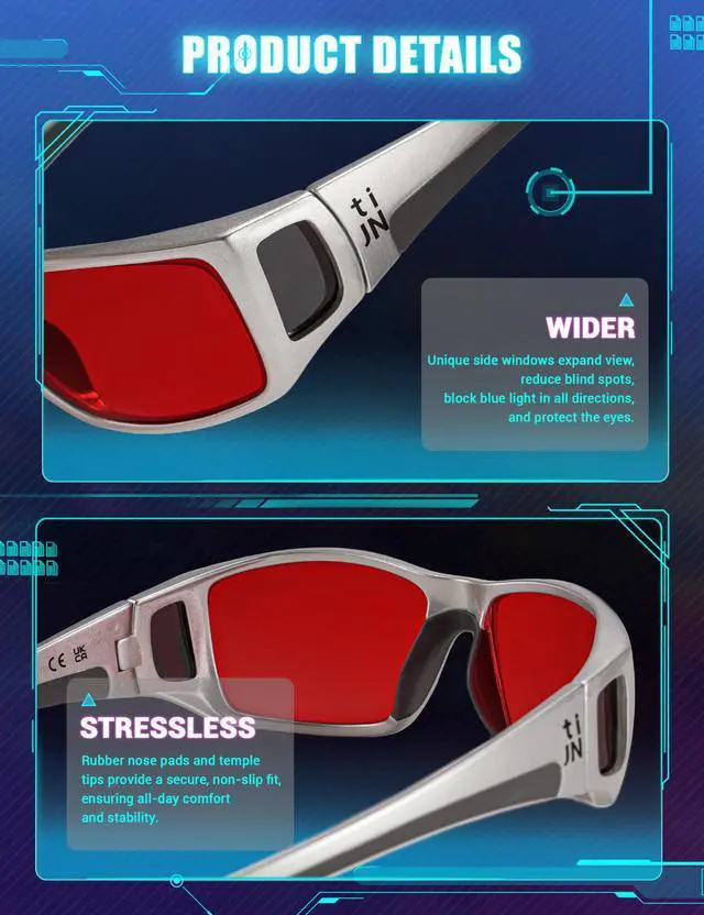Alt view image 5 of 5 - TIJN Sonia Sleep Glasses for Blue & Green Light Blocking,Red Lens with Dual AR Coating,Wraparound Frame for Gaming Screen