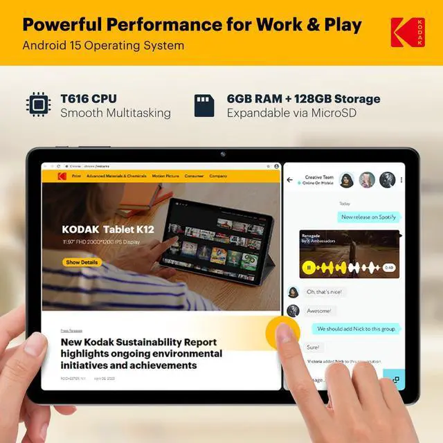 Alt view image 2 of 5 - KODAK Tablet K12 12" FHD, 128GB Android Tablet, Octa-Core, 2000 * 1200 FHD Display, 8000mAh Battery, Dual WiFi, Dual Cameras 5+13+2MP, Android 15