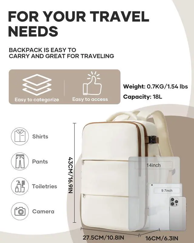 Alt view image 2 of 5 - bergsalz Travel Laptop Backpack For Women Men,Carry On Backpack,Airplane Travel Essentials For Women,Personal Item Travel Bag Laptop Work Backpacks,Beige Brown