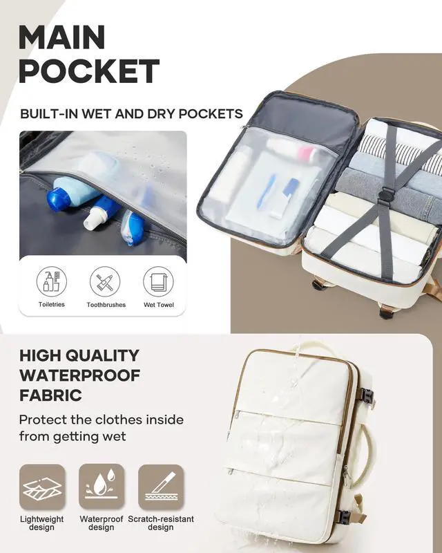 Alt view image 4 of 5 - bergsalz Travel Laptop Backpack For Women Men,Carry On Backpack,Airplane Travel Essentials For Women,Personal Item Travel Bag Laptop Work Backpacks,Beige Brown