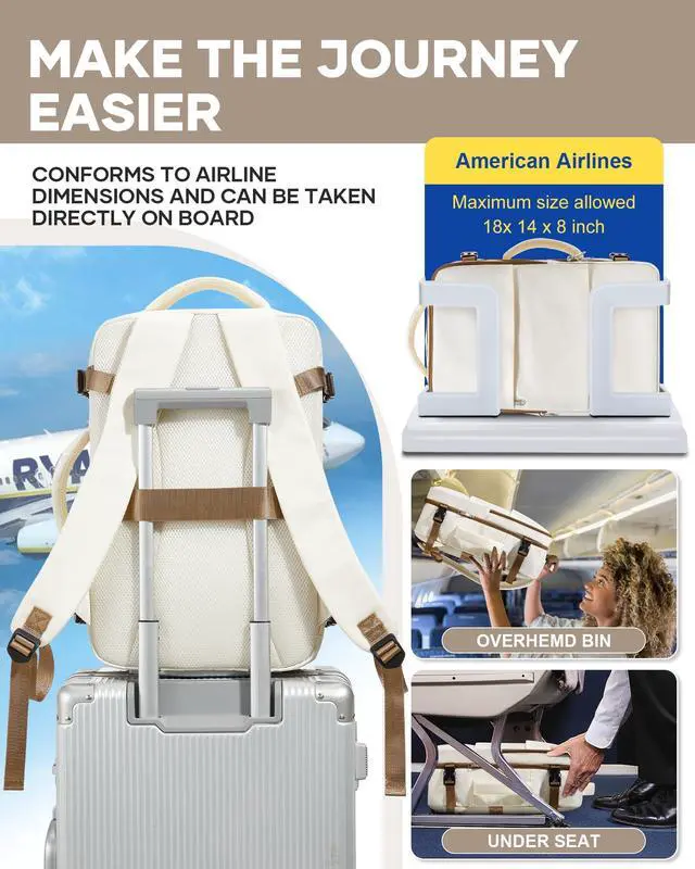 Alt view image 5 of 5 - bergsalz Travel Laptop Backpack For Women Men,Carry On Backpack,Airplane Travel Essentials For Women,Personal Item Travel Bag Laptop Work Backpacks,Beige Brown