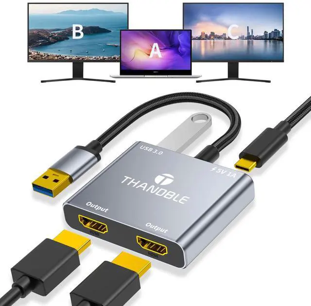 Main image of THANDBLE 4 in 1 USB to Dual HDMI Adapter 1080P 60Hz, USB A 3.0 to HDMI Adapter for Laptop, PC, Desktop, Compatible with Mac OS, Windows 7/8/10/11 - Requires Driver Installation