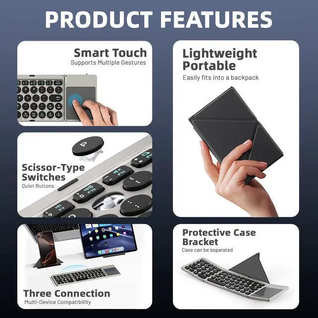 Alt view image 2 of 5 - Foldable Bluetooth Keyboard with Touchpad & Magnetic Stand Cover, Ultra Slim Portable, 3-Device Switching, for iPad iPhone Mac Windows Android Tablets Phones PC (Light Gray)