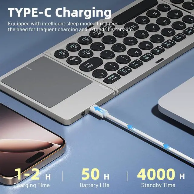 Alt view image 4 of 5 - Foldable Bluetooth Keyboard with Touchpad & Magnetic Stand Cover, Ultra Slim Portable, 3-Device Switching, for iPad iPhone Mac Windows Android Tablets Phones PC (Light Gray)