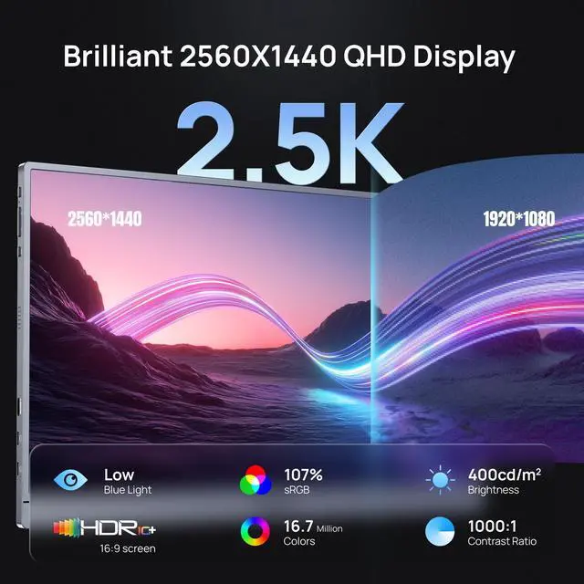 Alt view image 2 of 5 - ARZOPA 16.1'' 180Hz 2.5K Portable Monitor, 2560x1440 QHD 107% sRGB Kickstand Portable Gaming Monitor with HDR, Ultra Slim, Eye Care, External Second Screen for Laptop, PC, PS5, Mac, Xbox-Z3FC