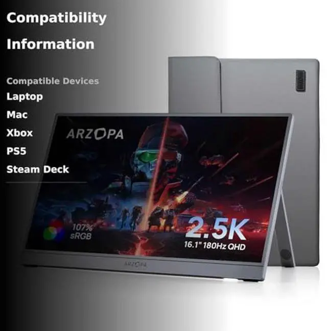 Alt view image 3 of 5 - ARZOPA 16.1'' 180Hz 2.5K Portable Monitor, 2560x1440 QHD 107% sRGB Kickstand Portable Gaming Monitor with HDR, Ultra Slim, Eye Care, External Second Screen for Laptop, PC, PS5, Mac, Xbox-Z3FC