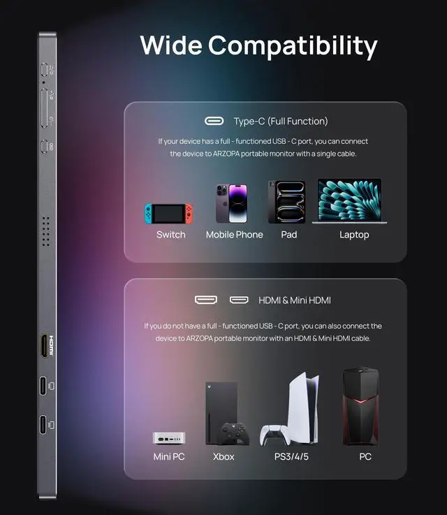 Alt view image 4 of 5 - ARZOPA 16.1'' 180Hz 2.5K Portable Monitor, 2560x1440 QHD 107% sRGB Kickstand Portable Gaming Monitor with HDR, Ultra Slim, Eye Care, External Second Screen for Laptop, PC, PS5, Mac, Xbox-Z3FC