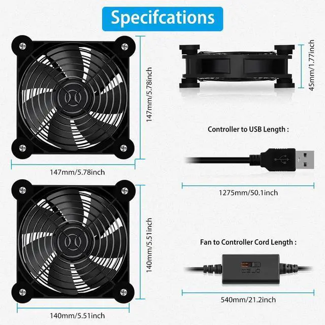 Alt view image 2 of 5 - NewHail 2Pack 140mm Mini USB Fan Computer Fan Multi-Speed Control, Reduction Heat for Router, Game Console, TV Box, Recipient, Modem, DVR, Playstation, AV-Cabin
