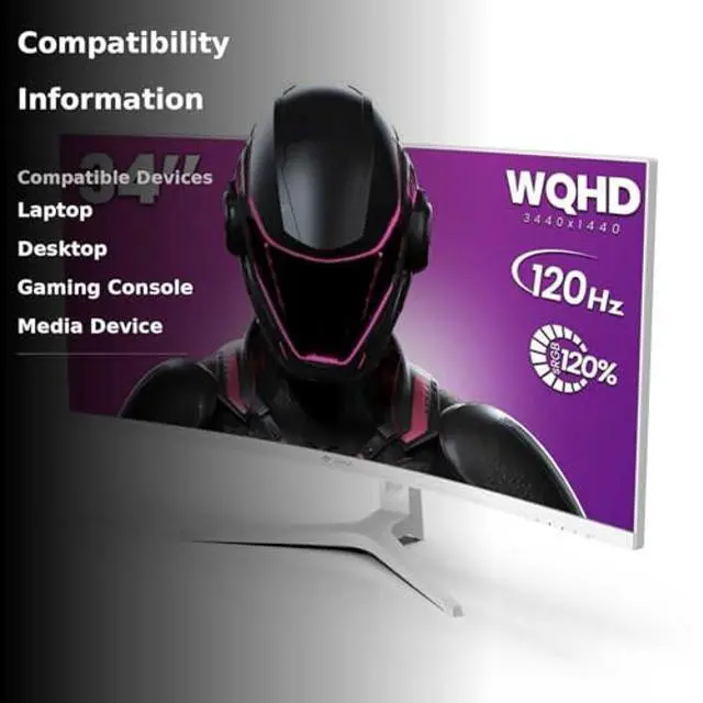 Alt view image 3 of 5 - CRUA 34" Curved Gaming Monitor, WQHD 3440x1440, 120Hz Computer Monitors, 1500R VA Screen, 120% sRGB, AMD FreeSync, Blue Light Filter, HDMI 2.0 & DP 1.4, Wall Mountable Installs- White