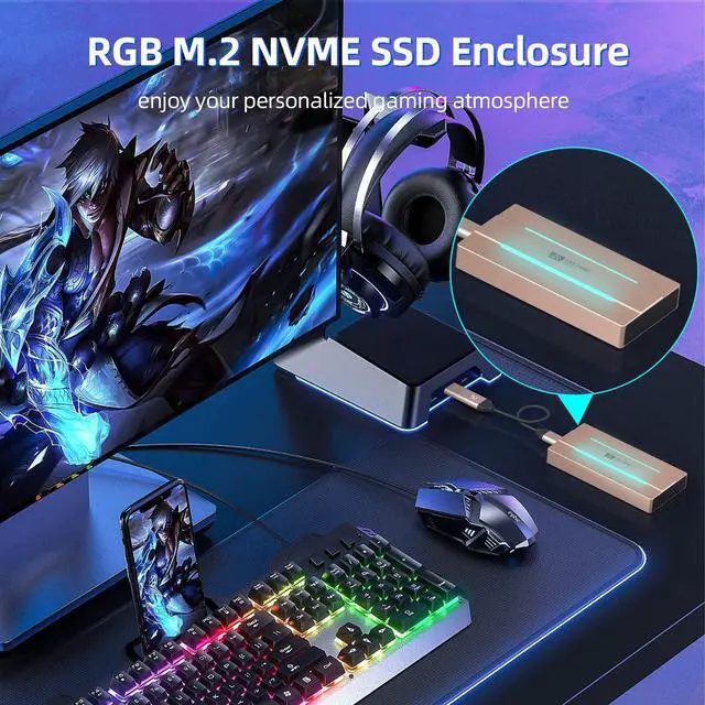 Alt view image 2 of 5 - RGB M.2 NVME SSD Enclosure for Gaming, USB 3.1 Gen 2(10 Gbps) Type C to NGFF NVME PCIe M-Key(B&M Key) External Solid State Drive Enclosure, Support UASP Trim for SSDs Size 2280/2260/2242/2230