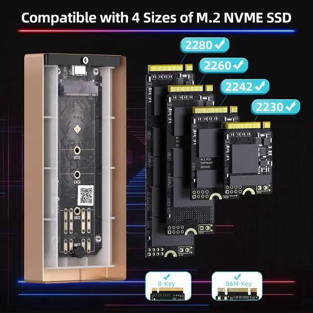 Alt view image 5 of 5 - RGB M.2 NVME SSD Enclosure for Gaming, USB 3.1 Gen 2(10 Gbps) Type C to NGFF NVME PCIe M-Key(B&M Key) External Solid State Drive Enclosure, Support UASP Trim for SSDs Size 2280/2260/2242/2230