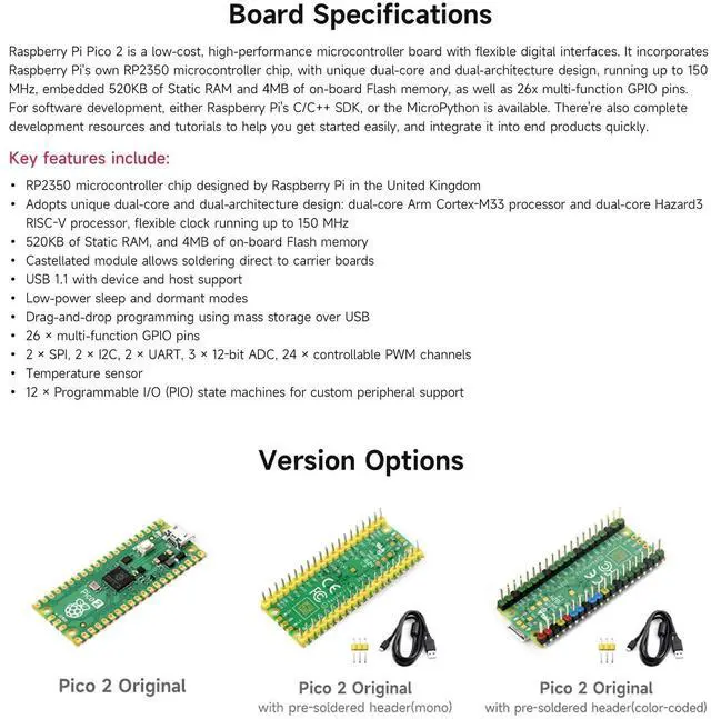 Alt view image 4 of 5 - Waveshare 2PCS Raspberry-Pi-Pico-2-M, Compatible with Raspberry Pi Pico 2 Microcontroller Board, Based On Official RP2350 Chip, Dual-Core & Dual-Architecture Design, 3 Items, 2PCS Version