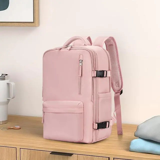 Alt view image 2 of 5 - WONHOX Large Travel Backpack Women, Carry On Backpack,Hiking Backpack Waterproof Outdoor Sports Rucksack Casual Daypack with Shoes Compartment, Pink