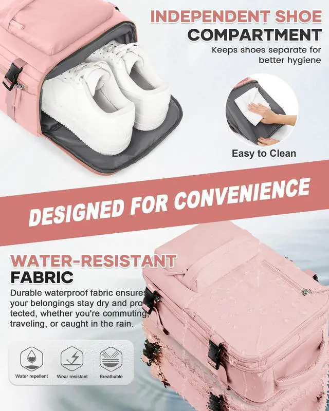 Alt view image 4 of 5 - WONHOX Large Travel Backpack Women, Carry On Backpack,Hiking Backpack Waterproof Outdoor Sports Rucksack Casual Daypack with Shoes Compartment, Pink