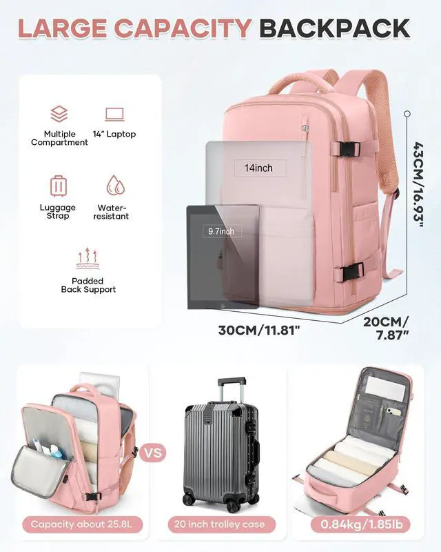 Alt view image 5 of 5 - WONHOX Large Travel Backpack Women, Carry On Backpack,Hiking Backpack Waterproof Outdoor Sports Rucksack Casual Daypack with Shoes Compartment, Pink