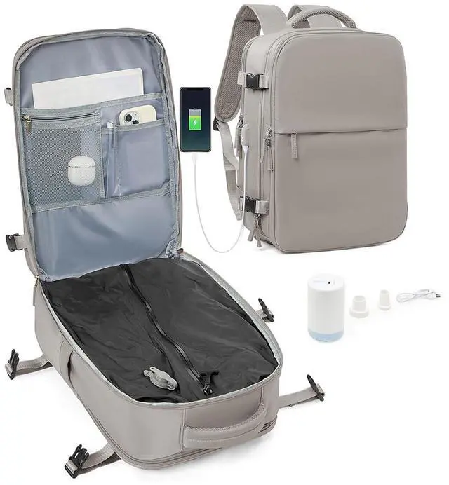 Main image of Large Vacuum Seal Compression Travel Backpack for Women Men Air Backpack Vacpack Travel Vacuum Bags with Pump Laptop Backpack with Shoe Compartment Carry On Suitcase Luggage Flight Approved Grey Brown